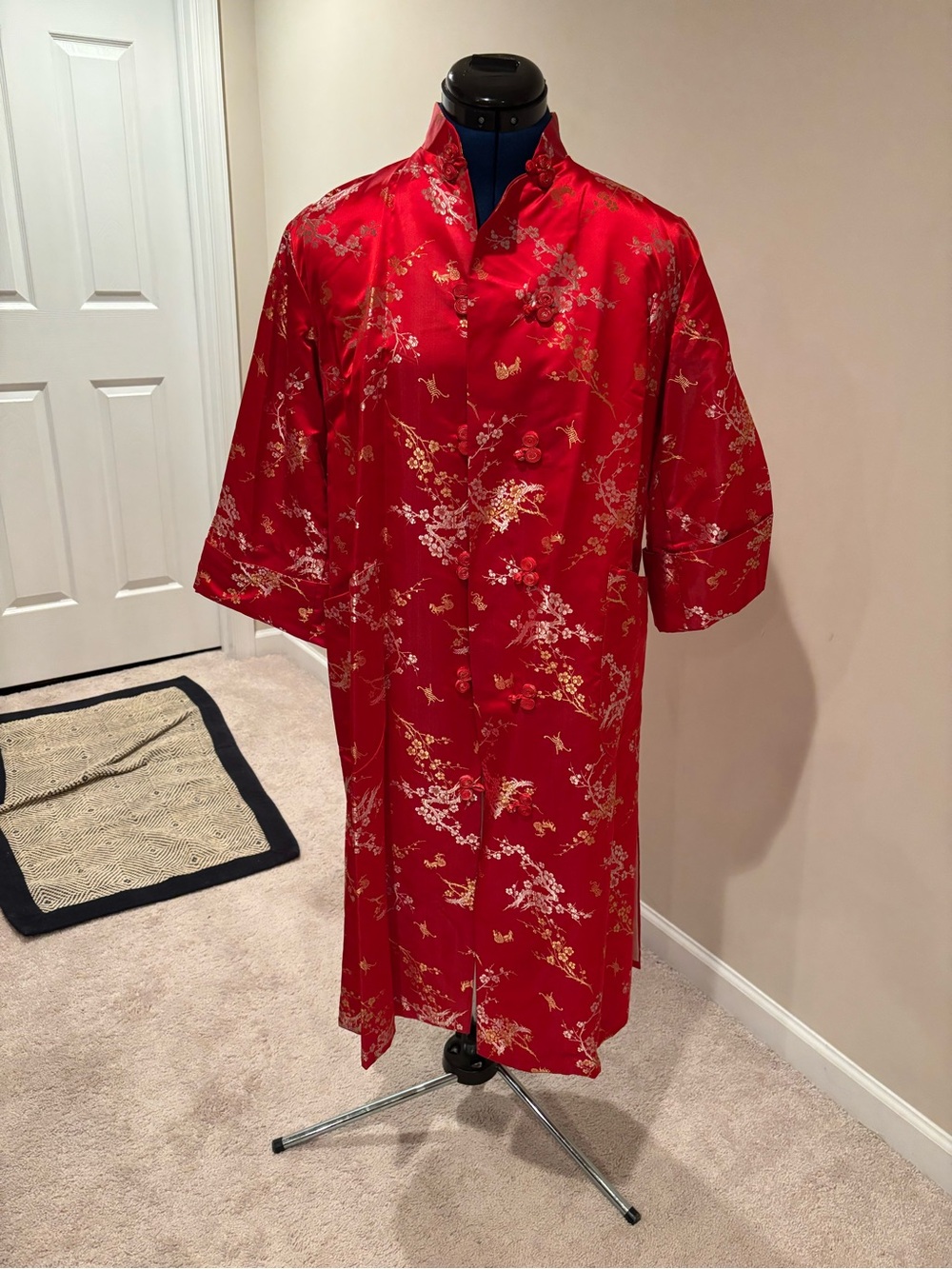 Red Floral Satin Long Jacket Coat